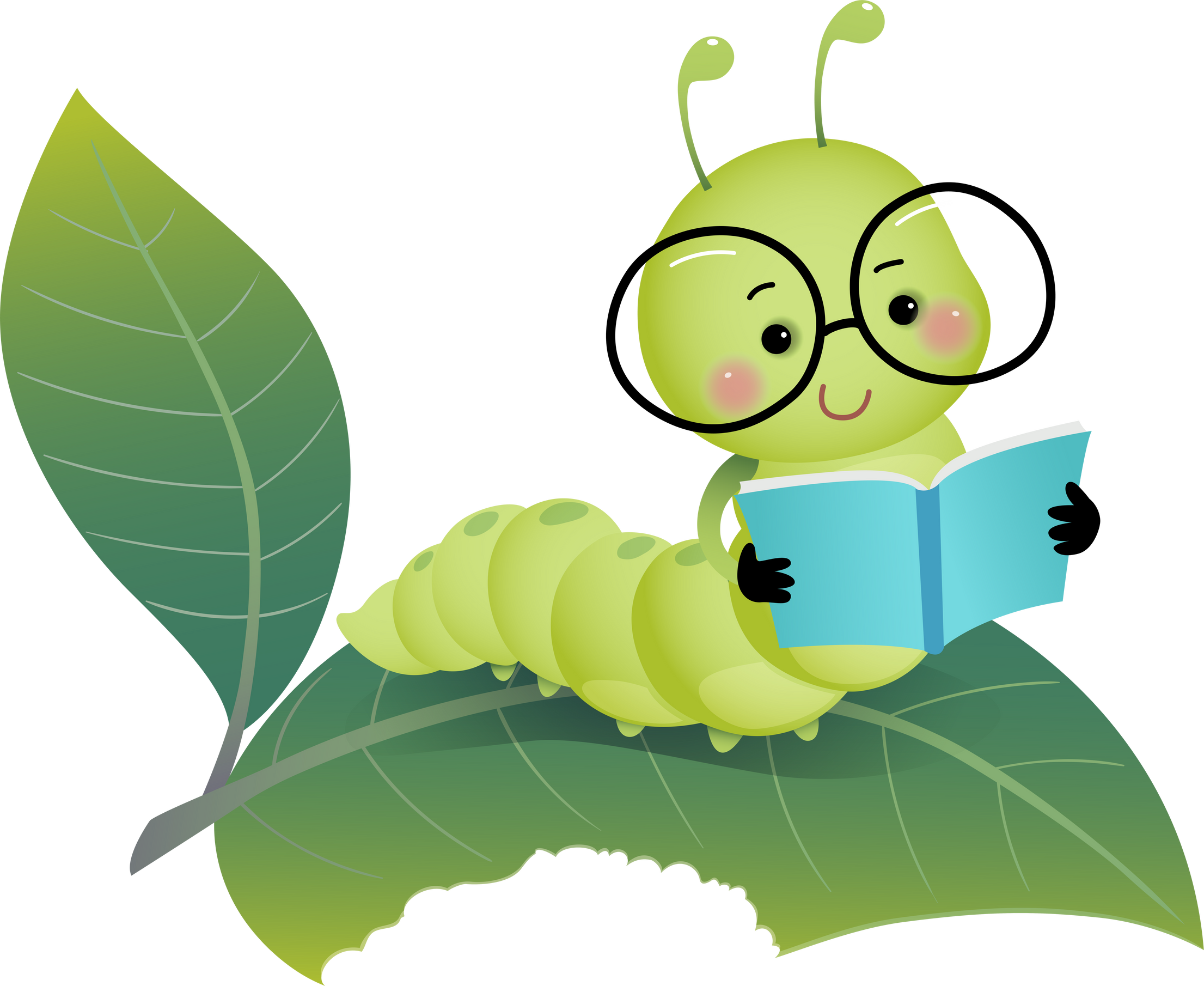 Cartoon caterpillar wearing glasses and reading book